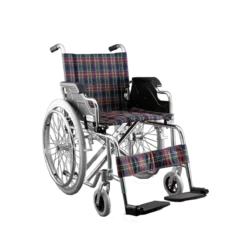 Silla de Ruedas de 18" de Aluminio con Tapicería de Cuadros y Descansapiés Fijo