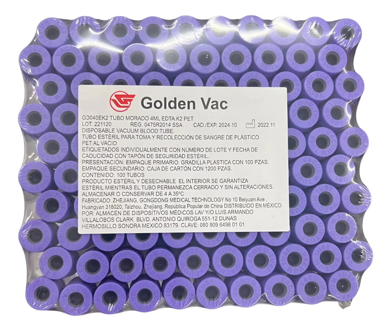 Gradilla c/100 Tubo Morado 4ml Golden Vacutainer